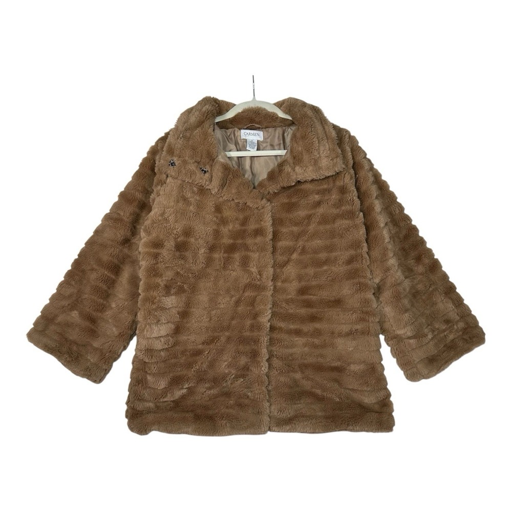 Carmen Marc Valvo Faux Fur Jacket S Tan Plush Ribbed Coat Mob Wives Quiet Luxury